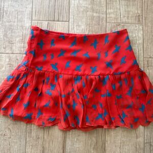 Bo.Bo Bourgeois Boheme Red Blue Bird Print Mini Skirt Pleated Drop Waist‎ Size G